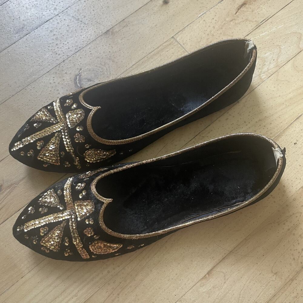 Vintage Handmade Jutti Shoes Womens Size 7.5 Black Gold Beaded Pakistan Velvet‎